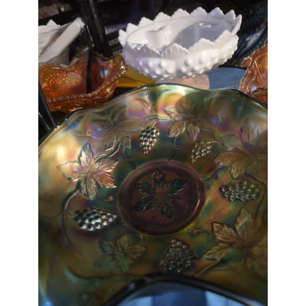 Vintage Fenton Art Glass Green Carnivak Glass Bowl With grape And Leaf ...